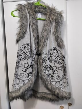 RXB Grey Faux Fur Trim Hooded Vest with Black Floral Print